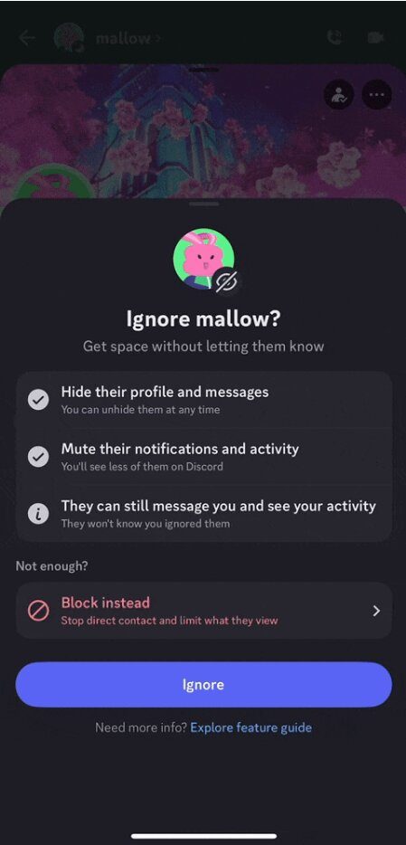 Ignore button appears on the bottom of the menu of the intended Discord user.