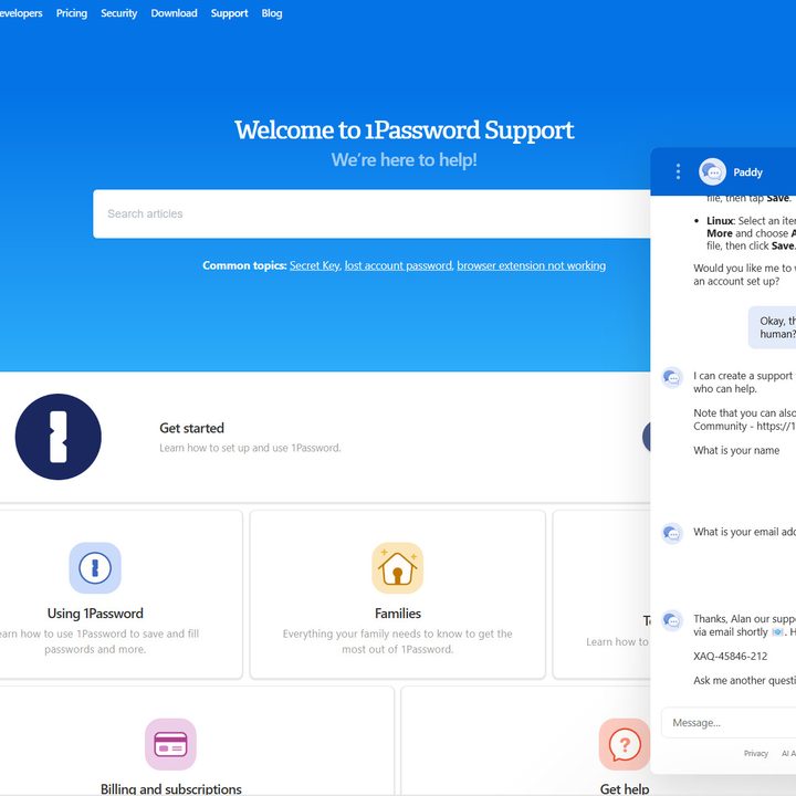 I found 1Password's AI chatbot helpful, but had to wait for email support for personal assistance.