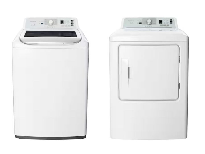 The Insignia 4.1 Cu. Ft. Top Load Washer and 6.7 Cu. Ft. Electric Dryer on a white background.
