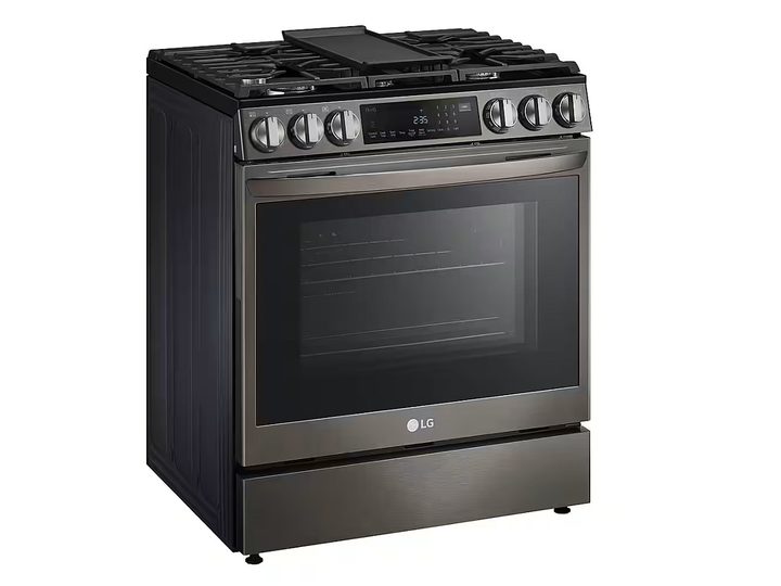 The LG - 6.3 Cu. Ft. Smart Slide-In Gas True Convection Range on a white background.