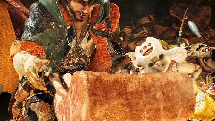 A hunter about to eat meat in Monster Hunter Wilds.