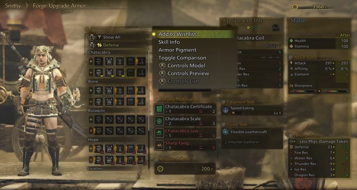 Accessing the wishlist menu in Monster Hunter Wilds.