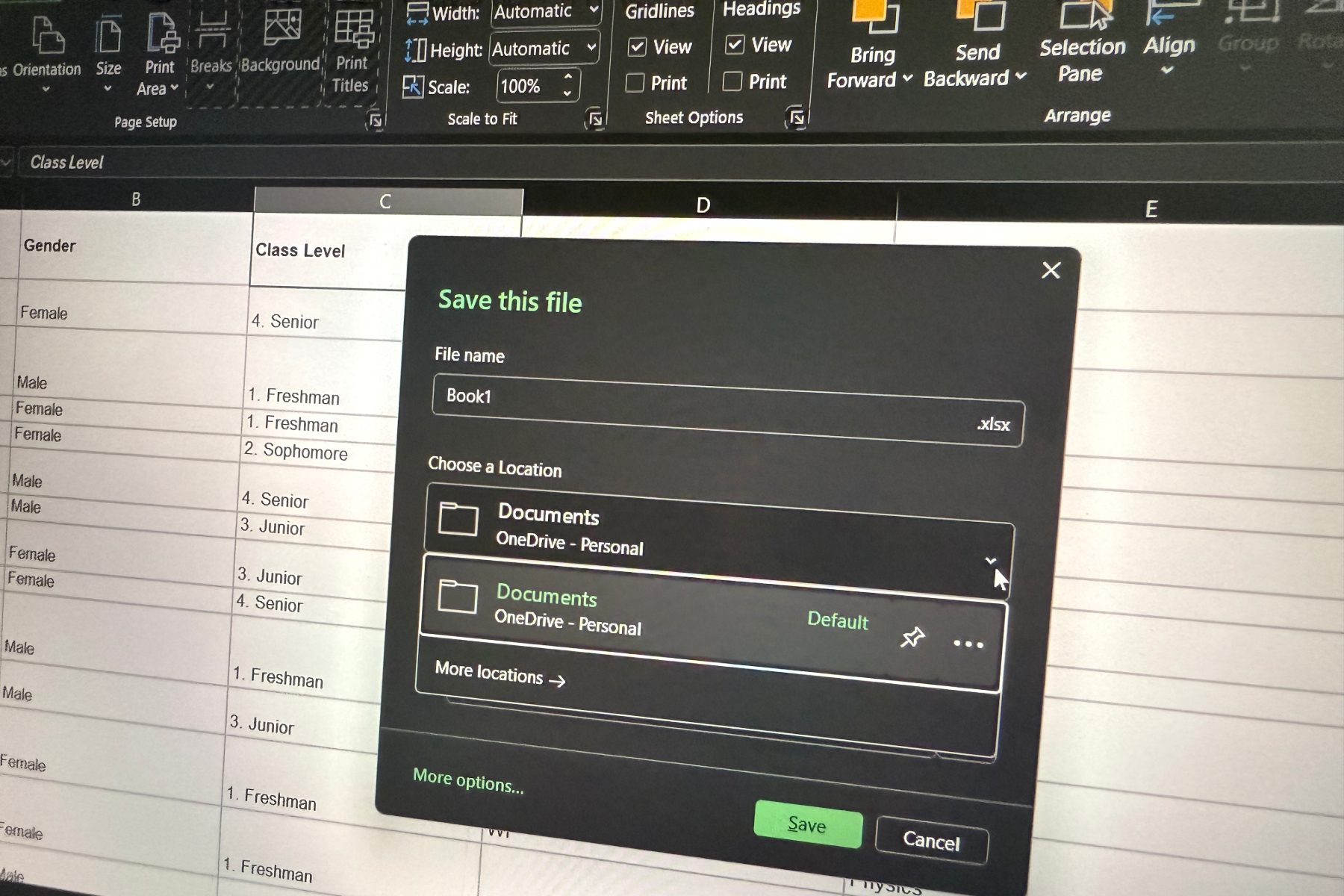 OneDrive cloud save option in the free ad-supported version of Microsoft Excel.