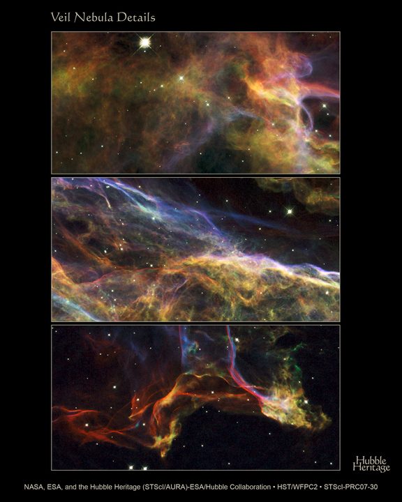 NASA's Hubble Space Telescope photographed three magnificent sections of the Veil Nebula – the shattered remains of a supernova that exploded thousands of years ago. This series of images provides beautifully detailed views of the delicate, wispy structure resulting from this cosmic explosion.