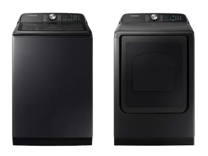The Samsung 5.5 Cu. Ft. Smart Top Load Washer and 7.4 Cu. Ft. Smart Electric Dryer on a white background.