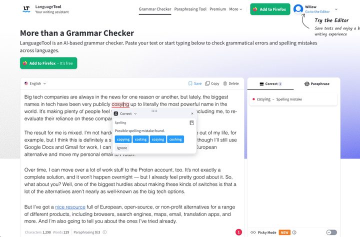 LanguageTool Grammarly alternative screenshot.