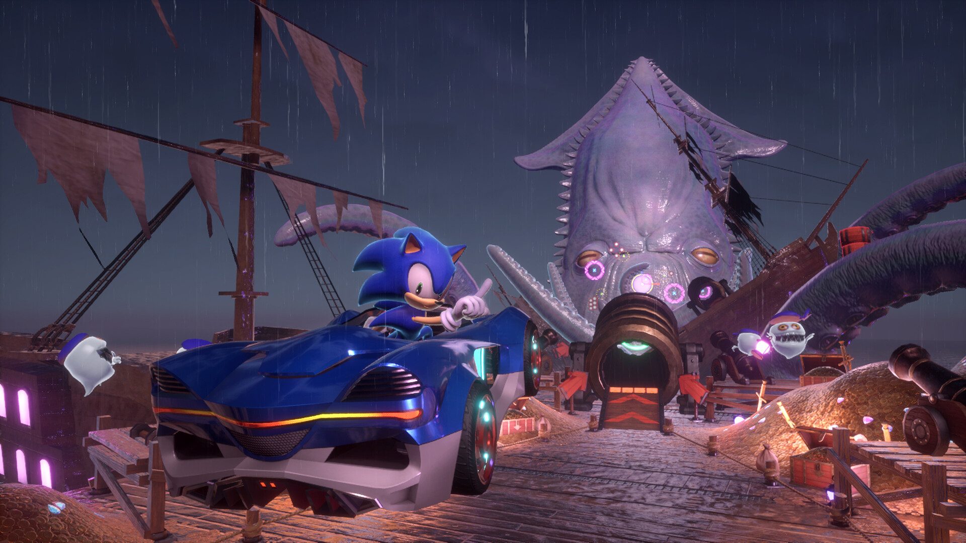 Sonic wagging his finger in Sonic Racing CrossWorlds.