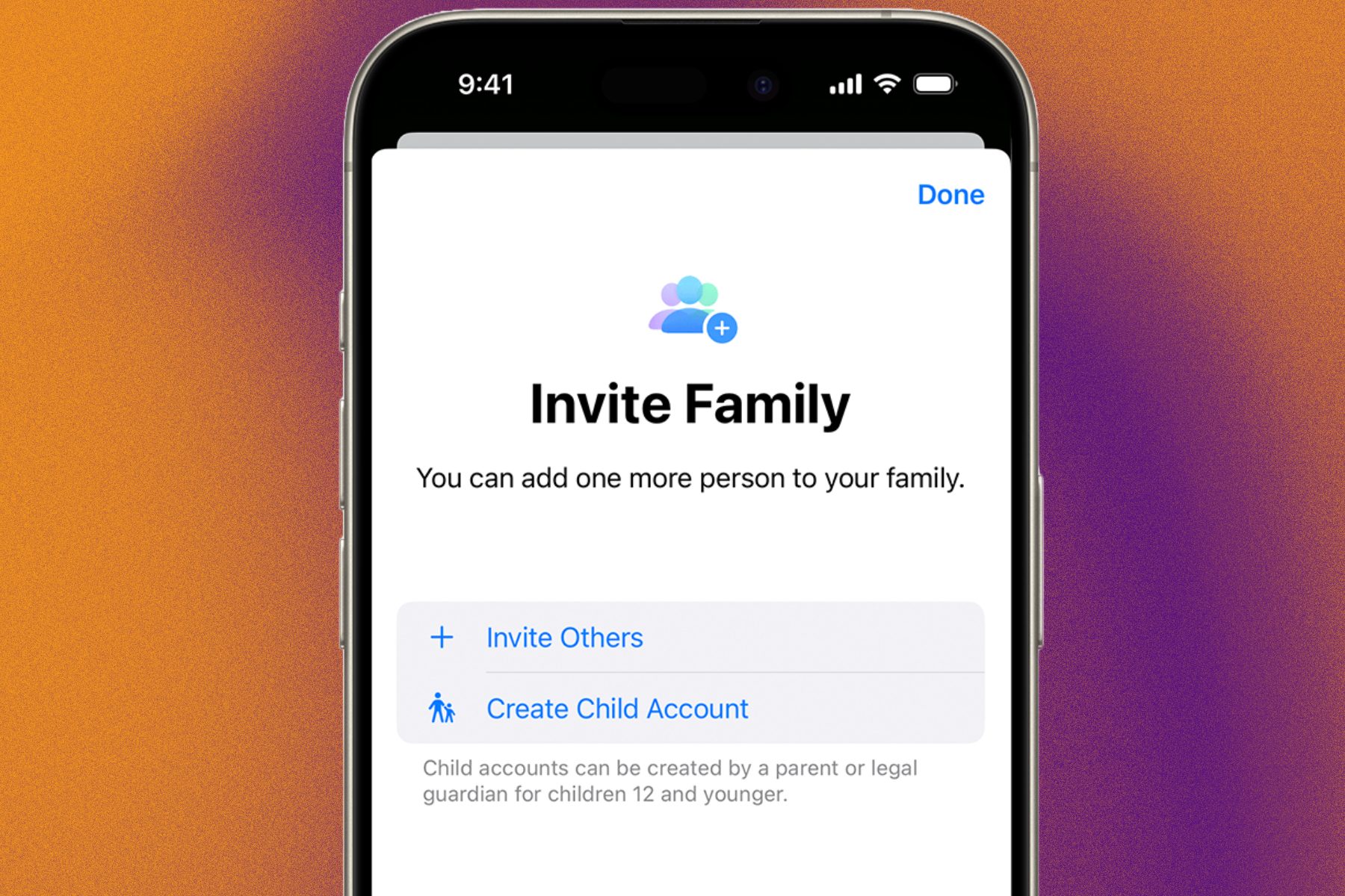 Creating a child account for a family member on an iPhone.