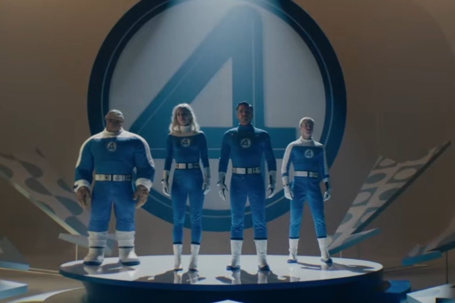 The Fantastic 4 stand on a platform in "The Fantastic Four: First Steps"