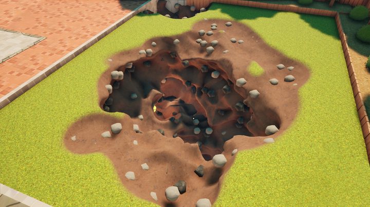 A hole appears in a backyard in A Game About Digging a Hole.