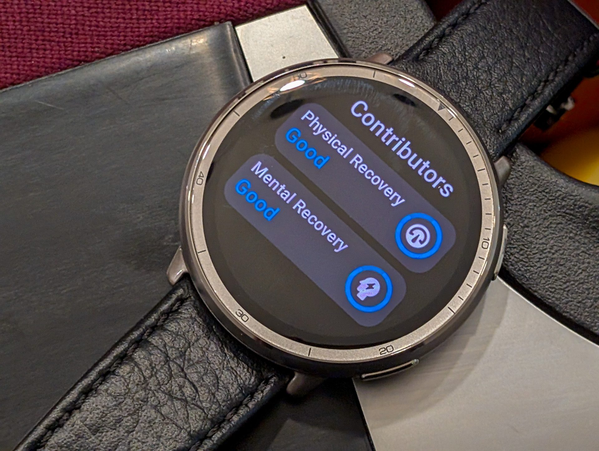 Amazfit Active 2 display showing a breakdown of the sleep score