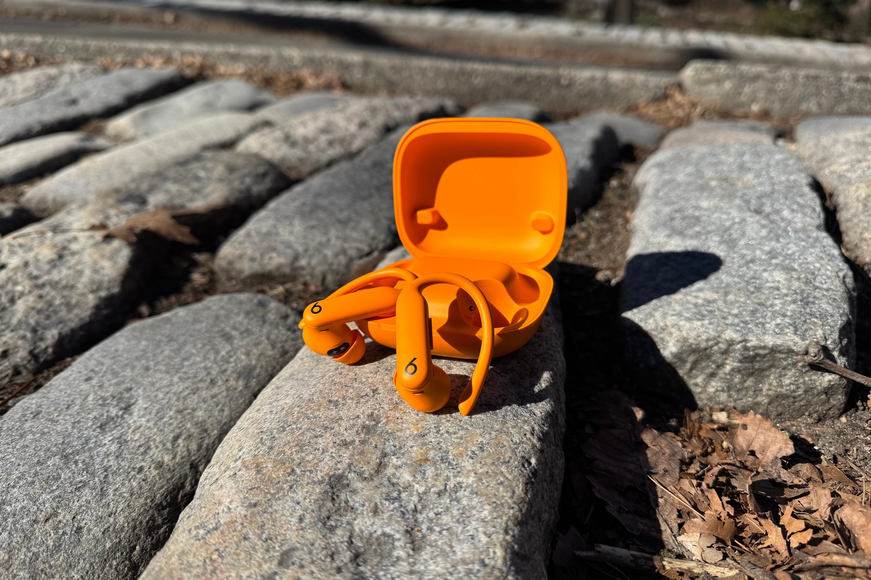 The Beats Powerbeats Pro 2 in orange sitting in front of their case on a stone.