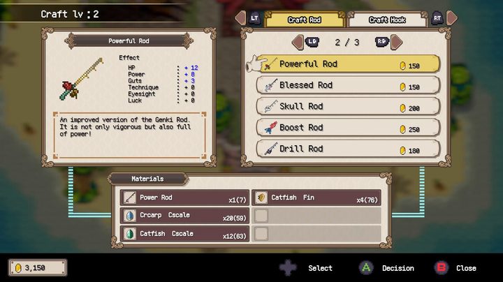 An inventory screen showing different types of fishing rods and their stats.