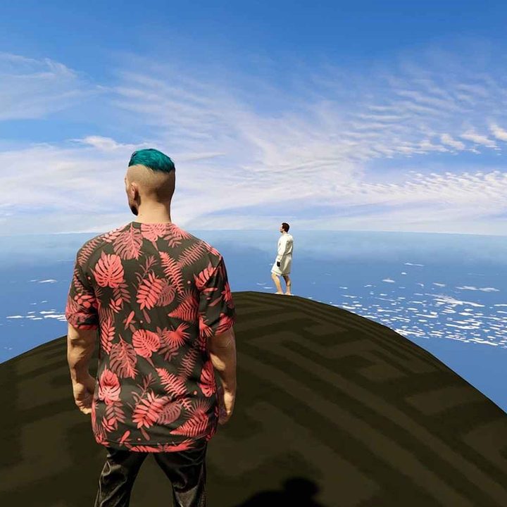 A white figure with blue hair and a red leaf print shirt stands on a blimp alongside a white figure dressed in a white robe. They both look out over the blue sky.