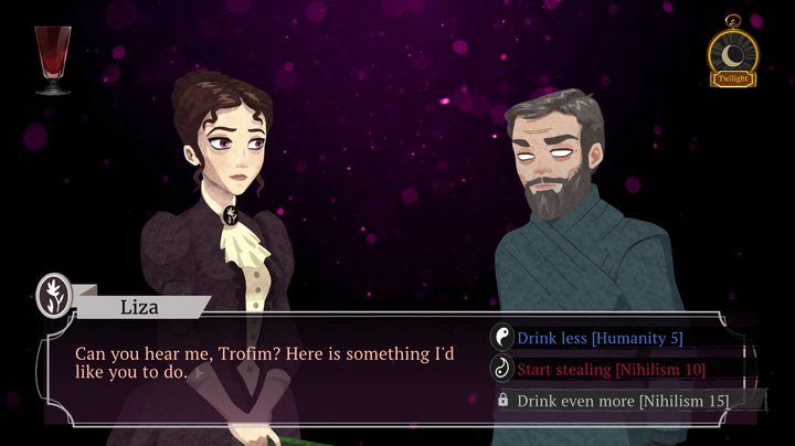 A woman wearing purple talks to a hypnotized man.