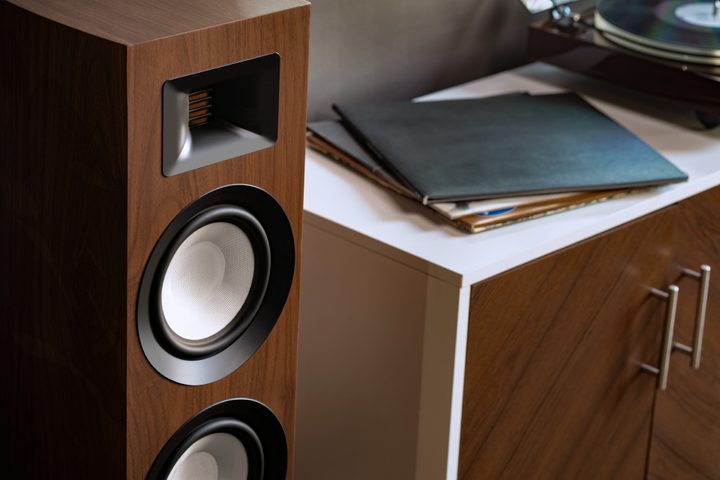 The Fluance Ri91 bookshelf Reference Stereo Powered speakers in walnut.