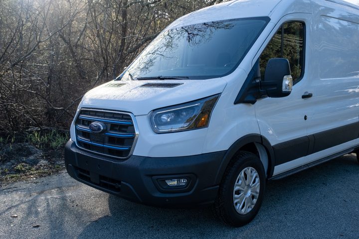 Front of a white Ford E-Transit