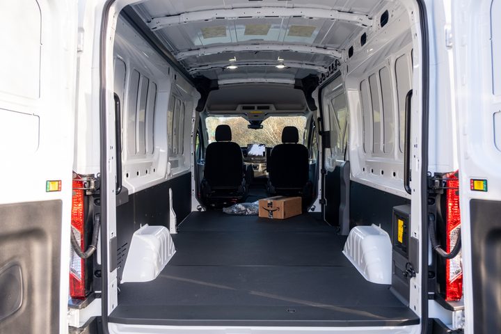 Interior space of a white Ford E-Transit
