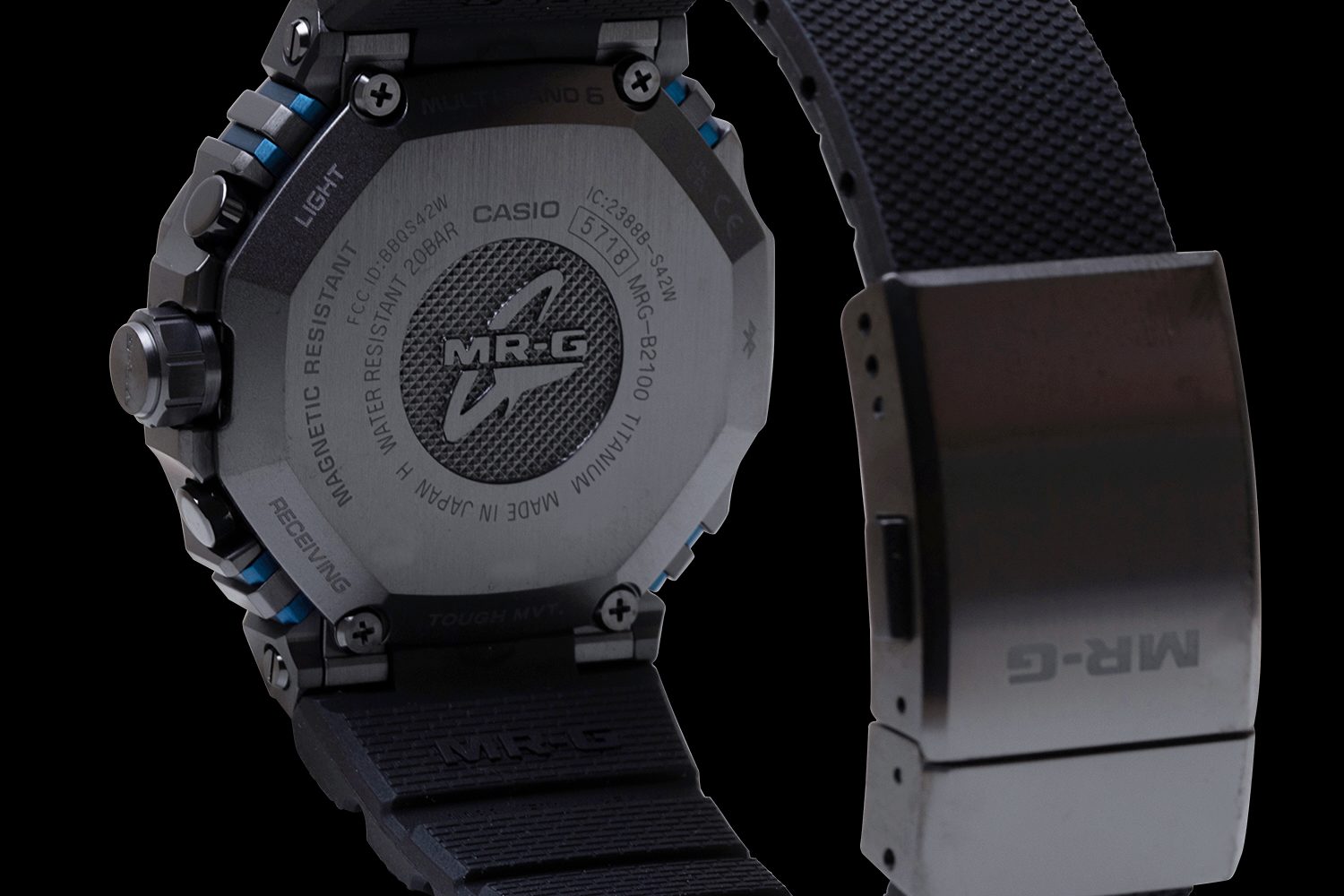 The back of the Casio G-Shock MRG-B2100R-2A watch.