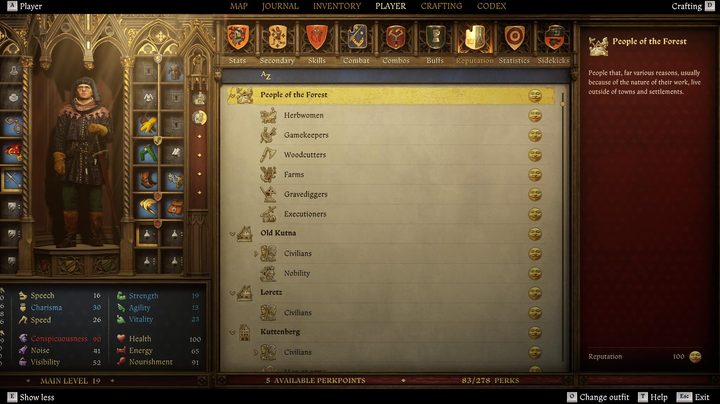 The Player menu showing reputation values with each type of NPC.