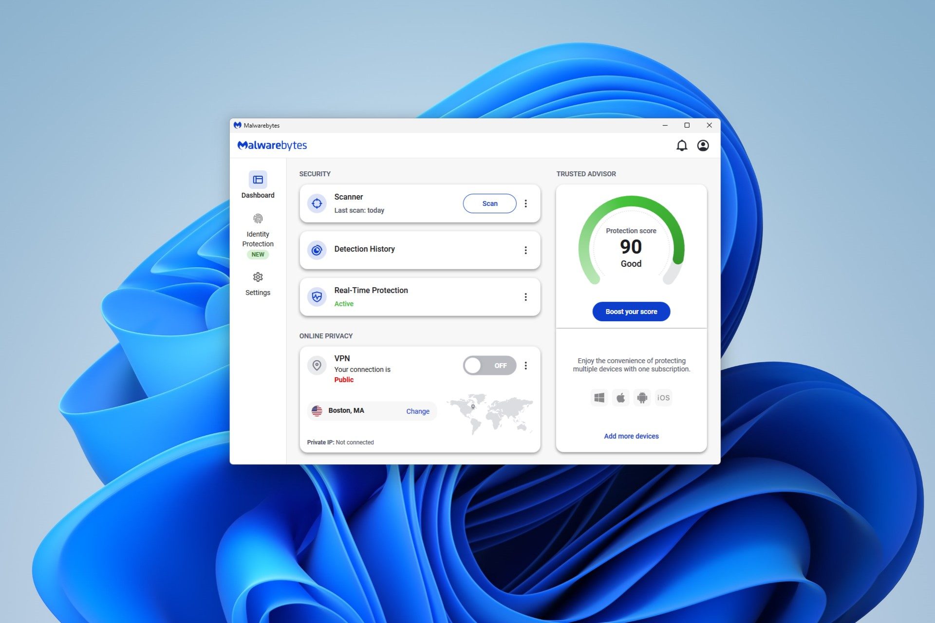 The Malwarebytes dashboard provides a quick summary of your computer&rsquo;s security status with more details a click away.