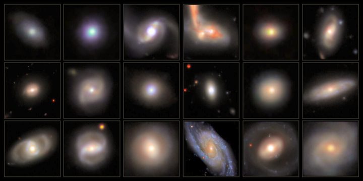 This mosaic shows a series of images featuring intermediate-mass black hole candidates, arranged in increasing order of stellar mass, captured with the Subaru Telescope’s Hyper Suprime-Cam.