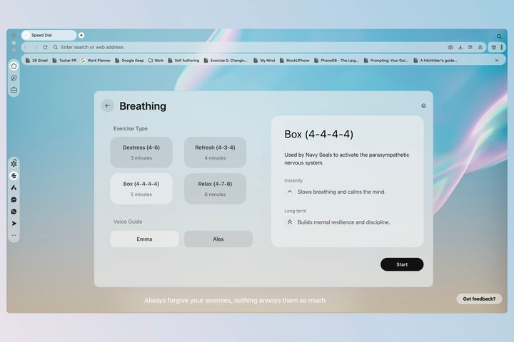 Opera Air web browser relaxation breathing exercises guided mediation.