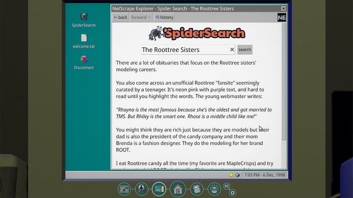 An in-game webpage result for "The Roottree Sisters".