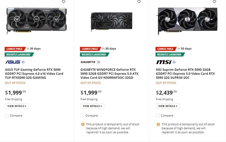 RTX 5090 listings on Newegg.