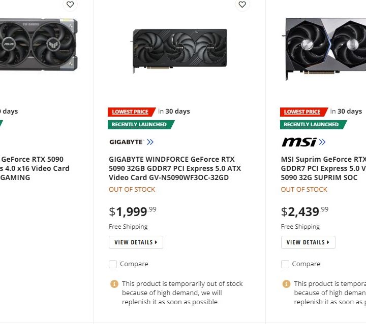 RTX 5090 listings on Newegg.