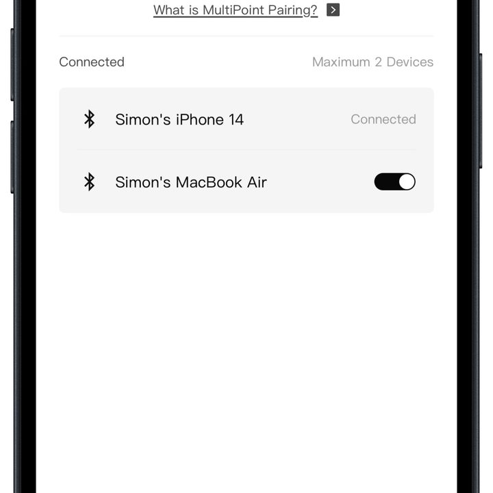 Shokz app for iOS: Multipoint settings.