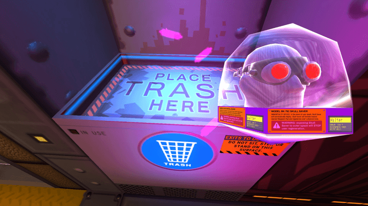 A player places a man's head on top of a trash chute in Skin Deep.