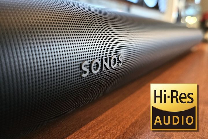 A hi-res audio logo adjacent to a Sonos Arc Ultra soundbar.