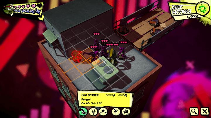 Raphael fights enemies on a rooftop in Teenage Mutant Ninja Turtles: Tactical Takedown.