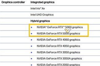 Victus 15 laptop specifications showing the GeForce RTX 5050 and GeForce RTX 5060 GPU options.
