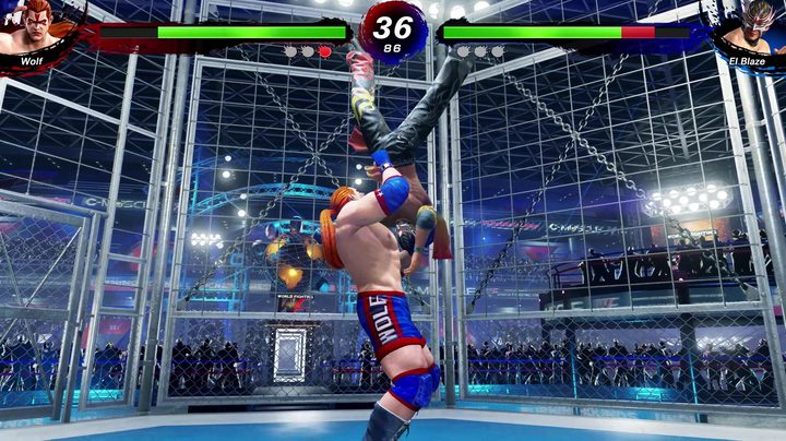 Wolf holds El Blaze in Virtua Fighter 5: R.E.V.O.