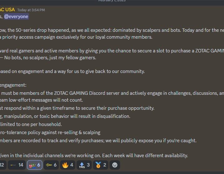 A screenshot of Zotac's official Discord server where it announced it will be offering new RTX 50-series GPUs directly to gamers