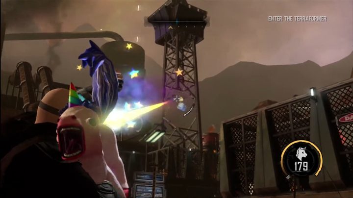 A unicorn shooting a laser out of its butt in Red Faction: Armageddon.