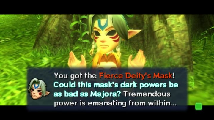 Link holding the fierce deity's mask in Majora's Mask.