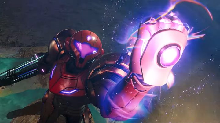 Samus holding up a glowing fist in Metroid Prime 4.