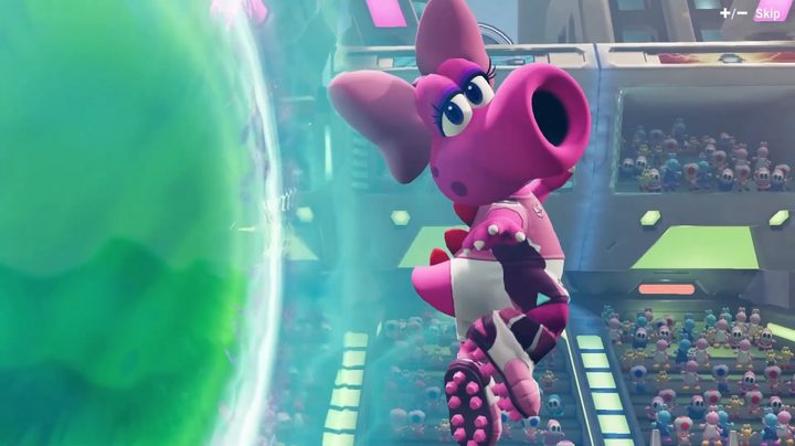 Birdo appearing through a portal.