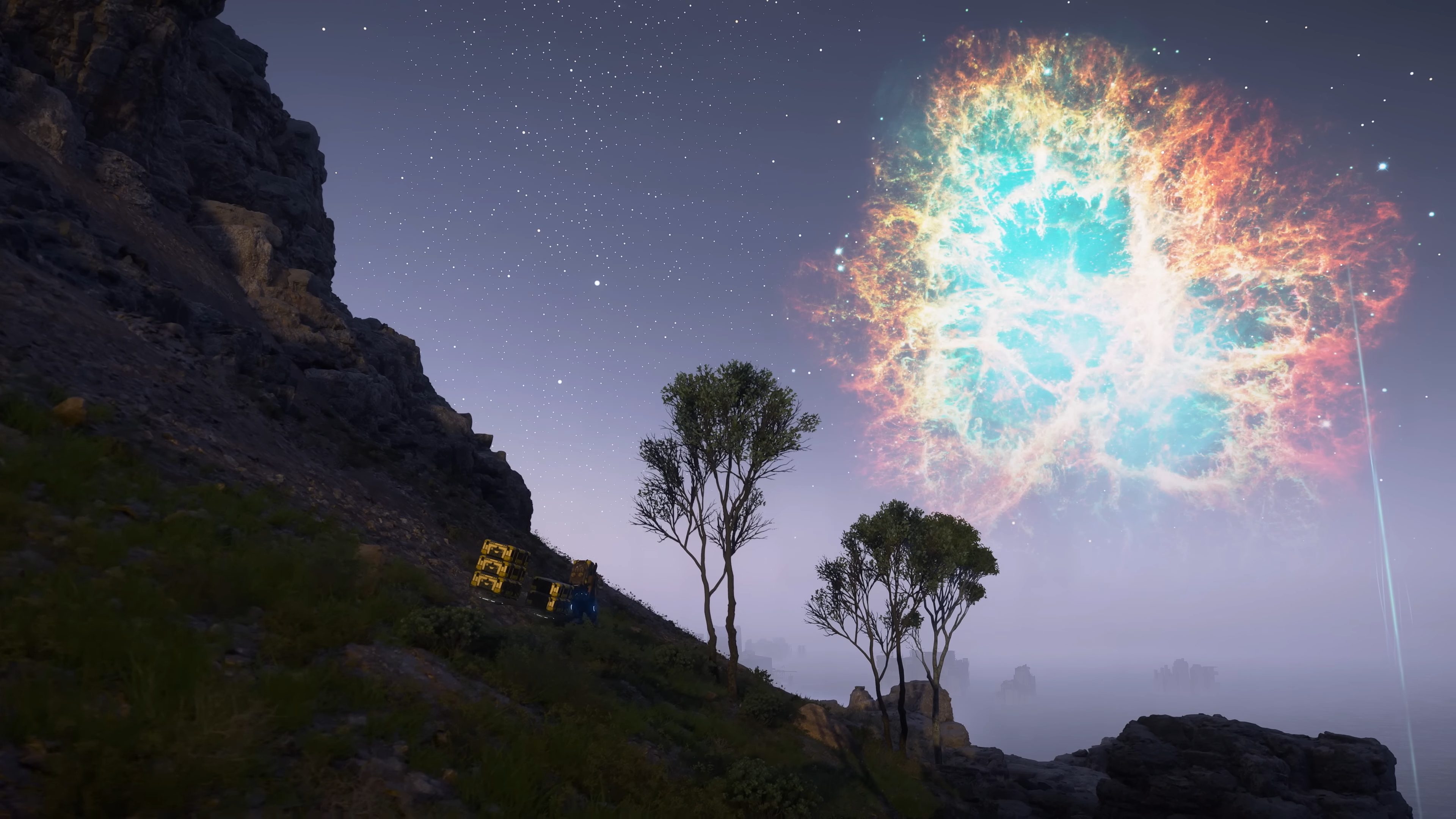 Sam walking under a nebula in DEATH STRANDING 2.