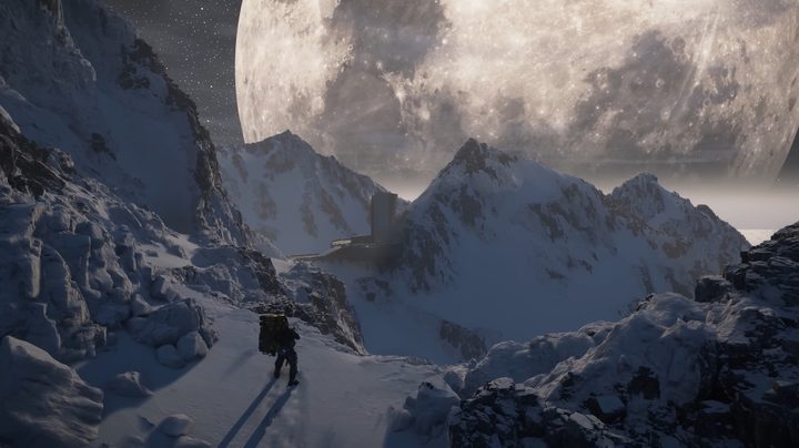 Sam under a massive moon in Death Stranding 2.