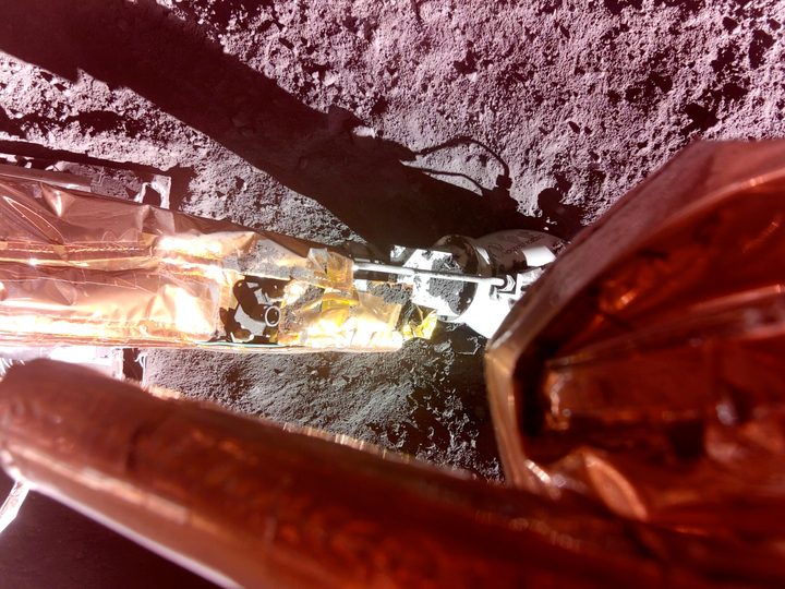 The Lunar PlanetVac instrument, developed by Honeybee Robotics, was deployed to the lunar surface and is shown at the end of Blue Ghost’s surface access arm.