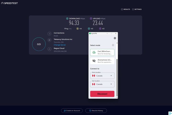 A Canada to Canada connection gave NymVPN's best upload speeds.