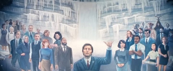 A painting of the cast of "Severance" at Woe's Hollow.
