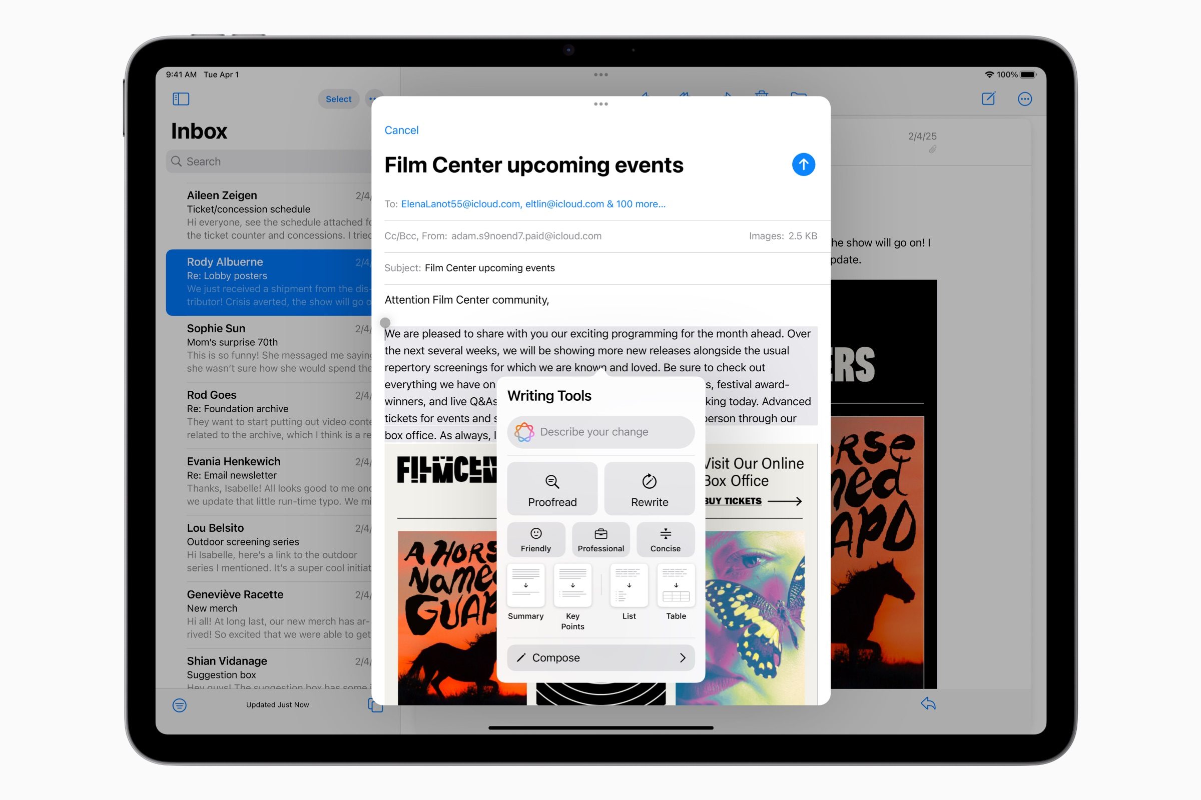 Apple M3 iPad Air (2025) showing Apple Intelligence Writing Tools.