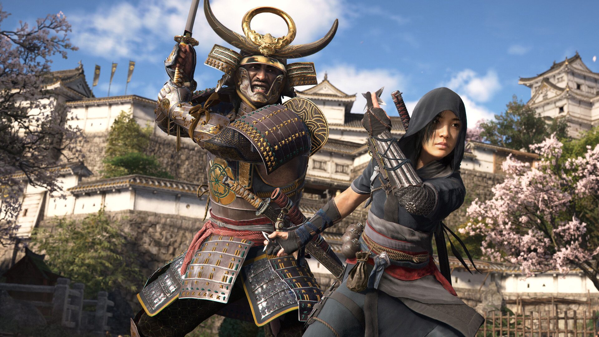 ياسوكيه وناوي في وضعيات قتالية في لعبة أساسنز كريد شادوز (Assassin’s Creed Shadows).