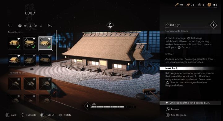The hideout upgrade menu in Assassin's Creed Shadows.