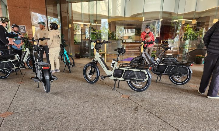 Aventon Abound LR at launch event parked outside hotel waiting to start a press ride.
